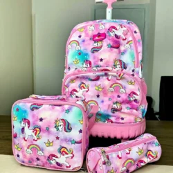 Kit mochila escolar 3 peças unicórnio arco-íris